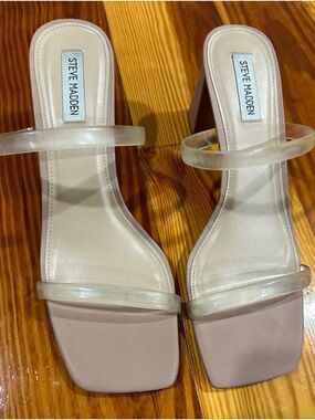 Steve Madden Blush Nude Clear Strap Block-Heel Sandals